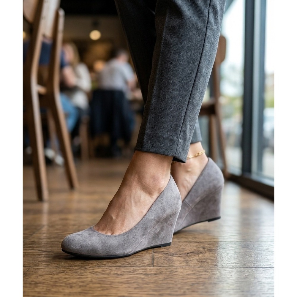Dexflex Comfort Womens Grey Faux Suede Wedge Pumps Round Toe Size 7.5